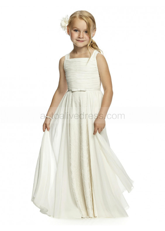 Square Neck Ivory Pleated Chiffon Lace Junior Bridesmaid Dress